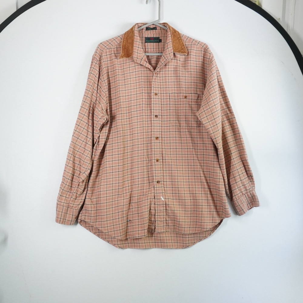 VTG 80s Abercrombie Beige Plaid Shirt Flannel Leather Collar‎ Elbow Patchwork